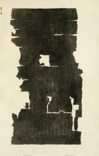 Perhaps the first "realistic" view of a charred Herculaneum papyrus fragment was Table III in Andrea de Jorio's, Real Museo Borbonico, Officina de' Papiri (1825).