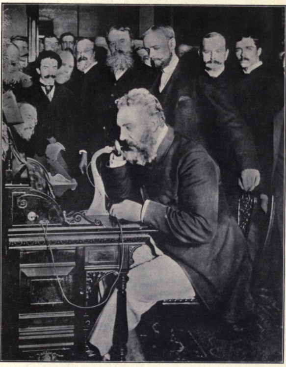 "Professor Bell inaugurating the New York-Chicago Line, October 18, 1892." From Kingsbury, The Telephone and Telephone Exchanges: Their Invention and Development (1915) p 427.