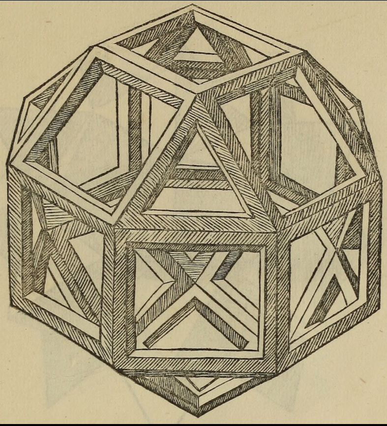 The first printed illustration of a rhombicuboctahedron, by Leonardo da Vinci, published in Divina proportione