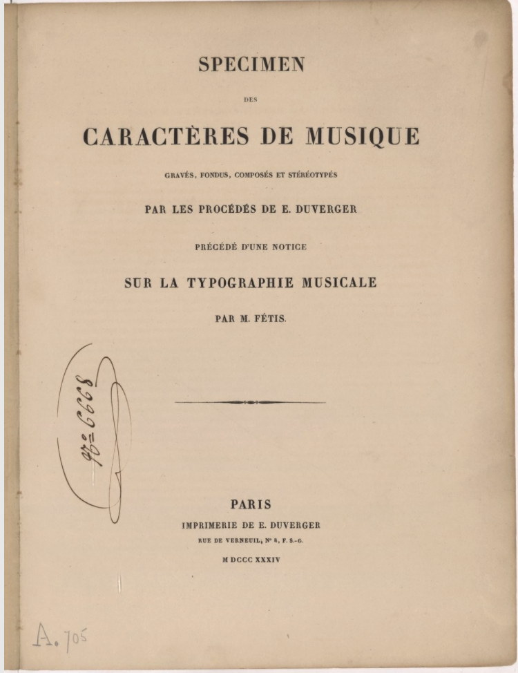 Title page of Duverger's Specimen des caraceres de musique