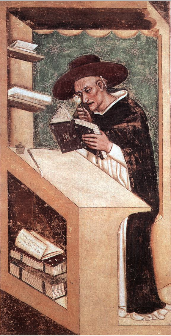 This fresco of Cardinal Nicholas of Rouen, in the Chapter House, San Niccolò, Treviso, shows the cardinal reading with a quizzing glass, a single lens glass that was an alternative to spectac