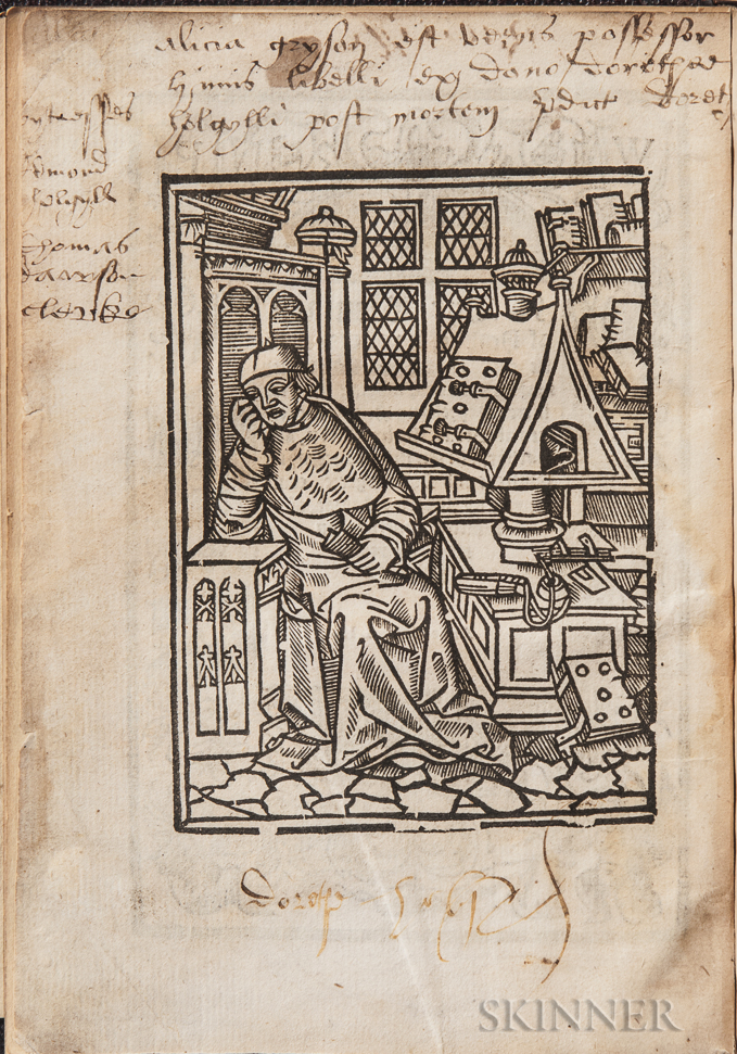 Portrait of Andrew Boorde published in the second edition  of his The Breviary of Healthe (London, 1552) as published by the Skinner auction house in Boston when a copy of that edition was so