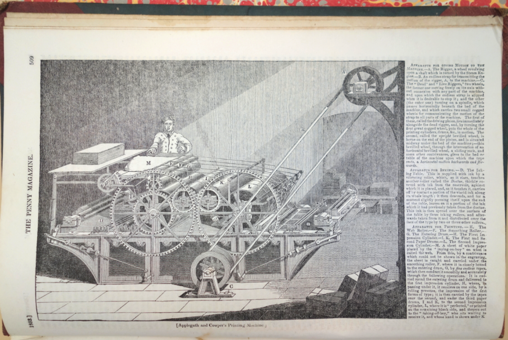 The Cowper & Applegath printing machine used to print The Penny Magazine. Knight reused this image in publications to the mid 1840s.