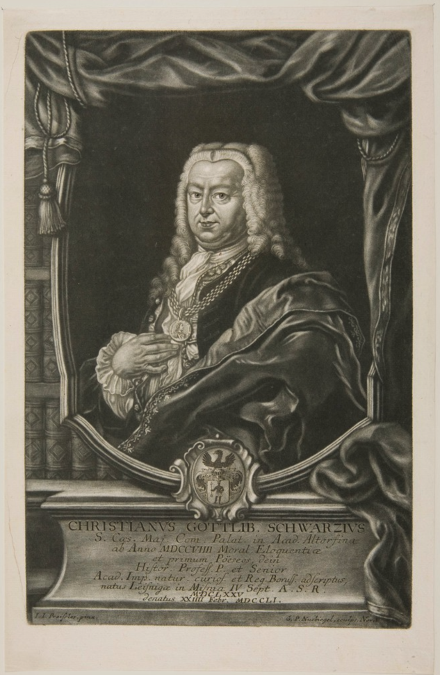 Mezzotint portrait of Christian Gottlieb Schwarz engraved by Johann Nusbiegel after a painting by Johann Justin Preissler.