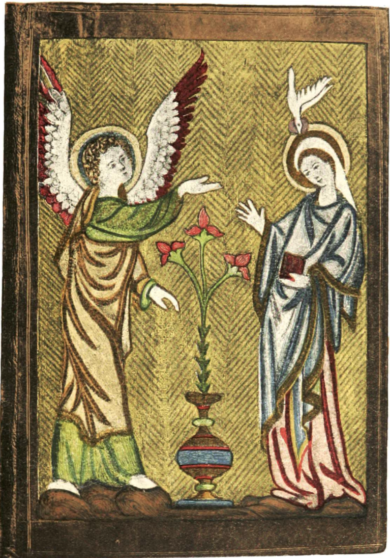 Victorian painting reconstructing how the embroidery on the upper cover of the Felbrigge Psalter may have originally appeared.