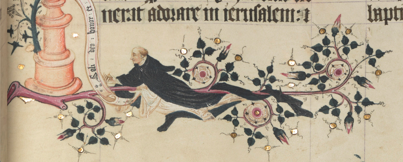 Self-portrait of John Siferwas, the artist of the manuscript, floating or kneeling in the lower margin, his habit entwined around the border of roses: Add MS 74236, p. 225 (detail)