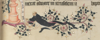 Self-portrait of John Siferwas, the artist of the manuscript, floating or kneeling in the lower margin, his habit entwined around the border of roses: Add MS 74236, p. 225 (detail)