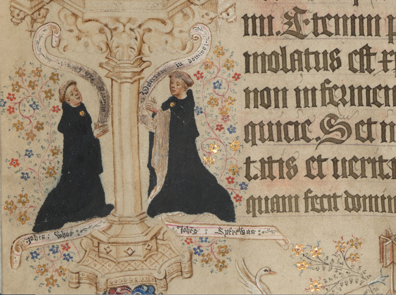 Portraits of John Whas, the scribe, and John Siferwas, the artist, on the page for Easter Day: Add MS 74236, p. 216 (detail)