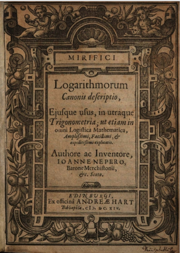 Title page of first edition Napier's book on Logarithms