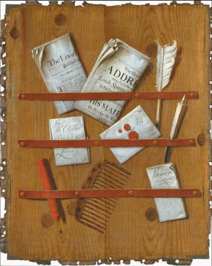 A Trompe l'oeil of Newspapers, Letters and Writing Implements on a Wooden Board 