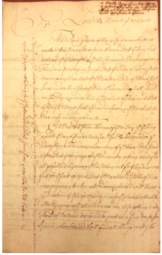 Manuscript newsletter sent to the Hobson/Dewey family, 10 March 1708.
