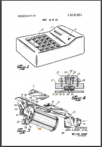 First of the 21 images published in the U.S. patent for the first hand-held electronic printing calculator.