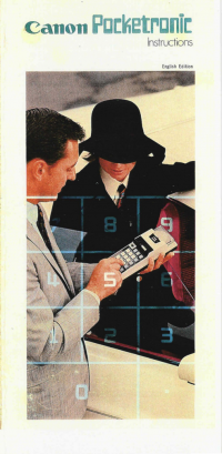 Cover of the 6-page instruction manual for the Canon Pocketronic. Note the bizarre hat worn by the "customer."