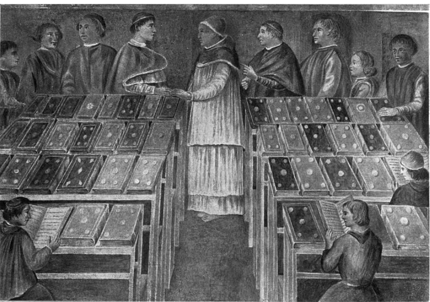 John Willis Clark originally reproduced this black & white image of the fresco in the Vatican showing Sixtus IV with books elegantly bound laying on work desks.