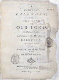 Title page of a Calendar definitely printed by James Hicky in Calcutta in 1780. from the University of London Library