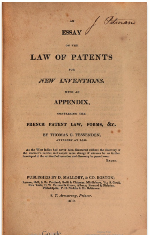 Title page of Fessenden's An Essay on the Law of Patents