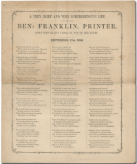 An example of the broadside printed on the Hoe cylinder press from the horse-drawn "car" as part of the celebration for the installation of the statue of Benjamin Franklin in Boston on September 17, 1856.