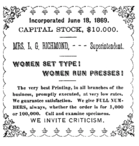 Advertisement dated 1869 or late for the Women's Co-Operative Printing Union or Printing Office