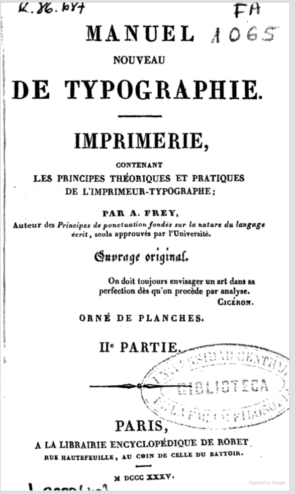 Title page of first edition of Frey's book on typography published in 1835.