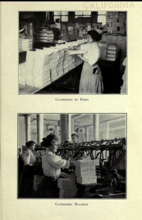 Gathering folded sheets by hand, beneath which is operating a "gathering machine."