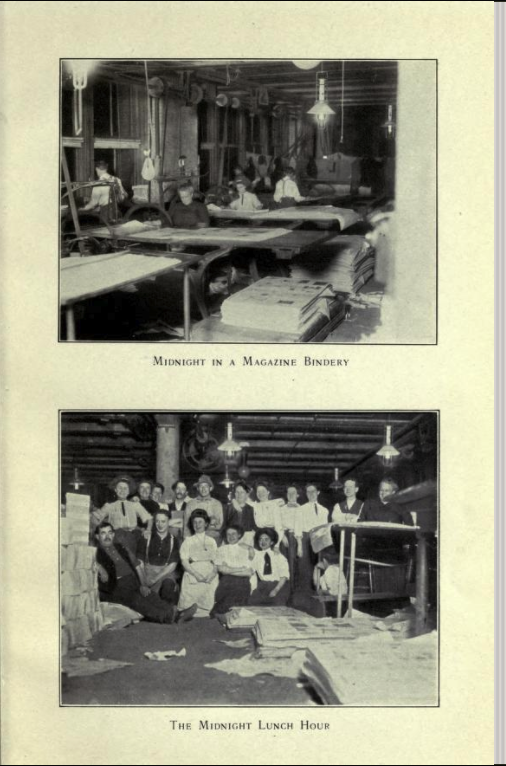 "Midnight in a magazine bindery," beneath which is "The midnight lunch hour."  Clearly these were undesirable working hours.