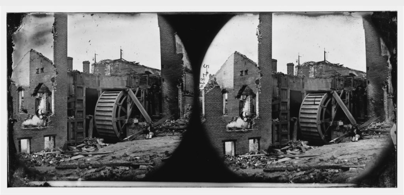 These are very slightly different images photographed by Gardner of the ruins of a paper mill with water-wheel in Richmond, Virginia.