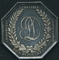 Reverse of the medal that Paul Dupont issued commemorating Gutenberg as inventory of printing and Senefelder as the inventor of lithography.