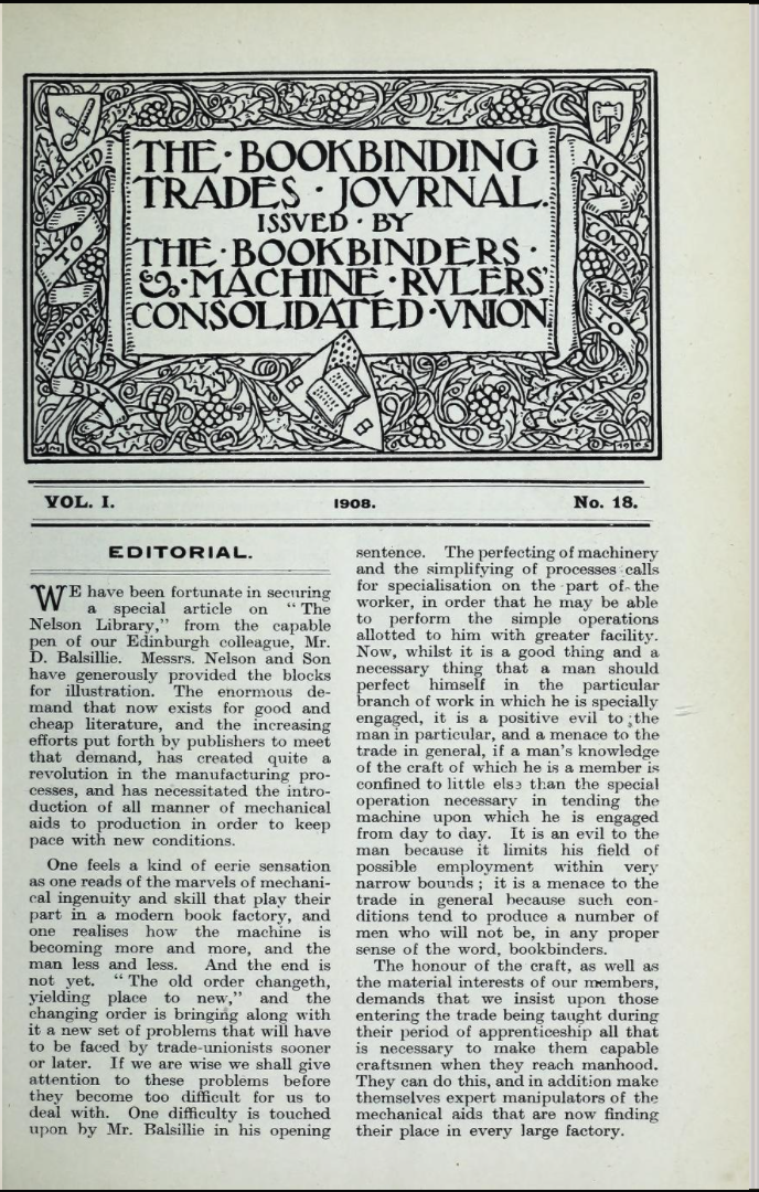 The editorial introducing the article on the Thomas Nelson and Sons factory reflects the concerns about the transition from more generalized bookbinding jobs in smaller shops to the specializ