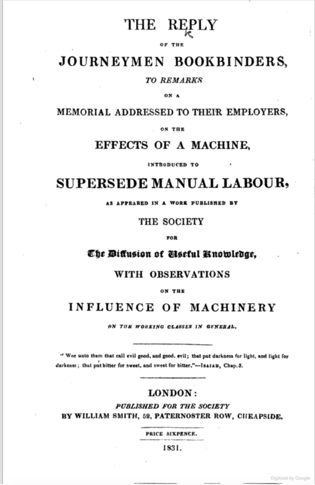 Title page of the Reply of the Journeymen Bookbinders