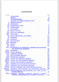The table of contents represents an analysis of the many different types of typesetting and distributing machines that were available in 1915.