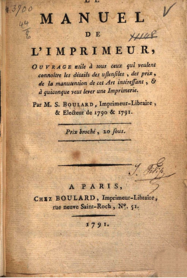 Title page of Boulard's Le manuel de l'imprimeur
