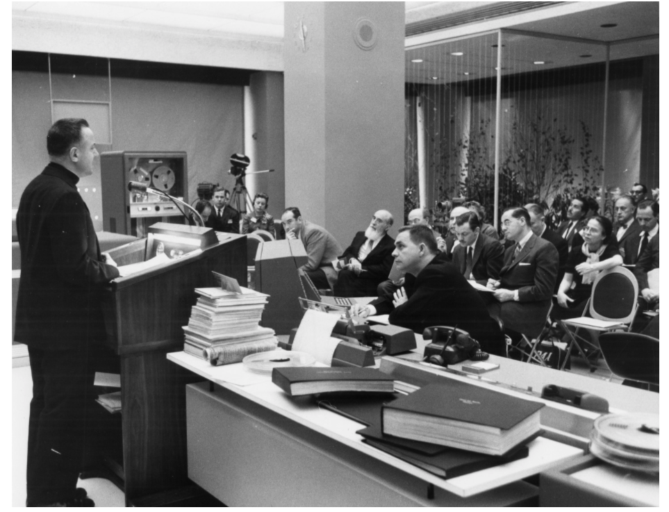 Roberto Busa addresses at Conference in March 1958 at IBM World Headquarters regarding the computerized concordance of the Dead Sea Scrolls.