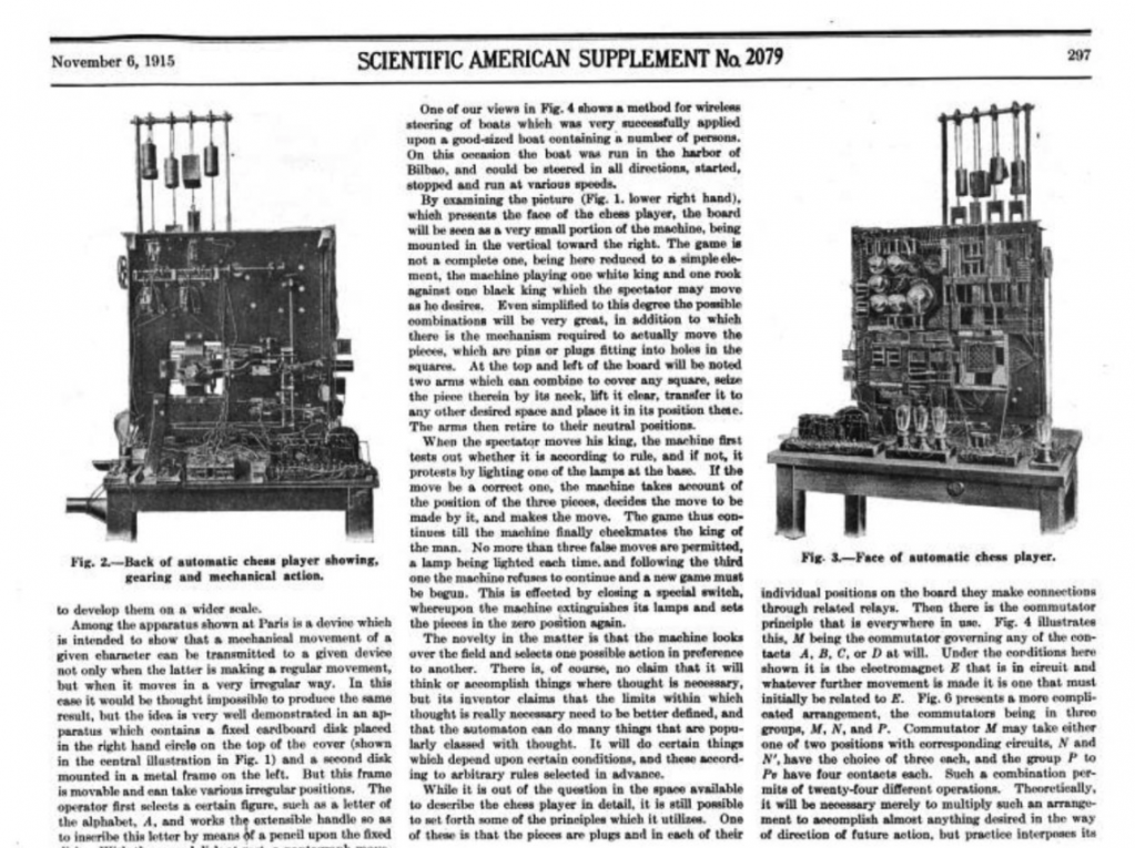 Back and front of El Ajedrecista from the Scientific American, 1915.