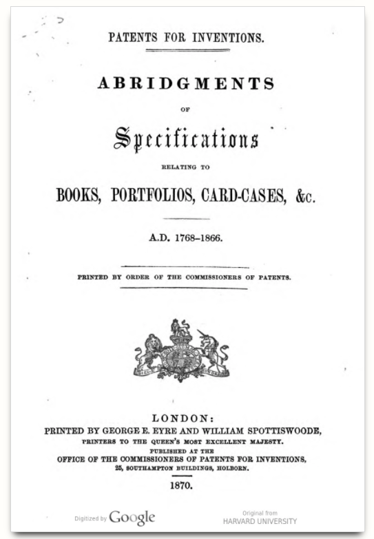 Title page of Abridgments of patents on bookbinding