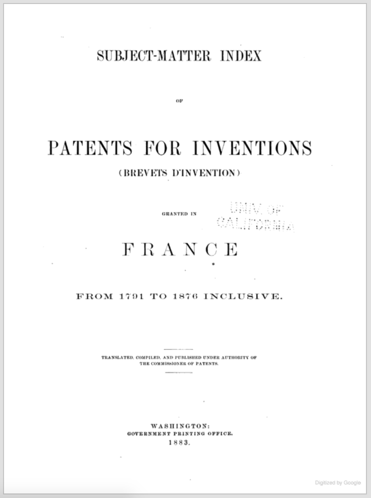 The US Patent Office Issues a Subject Index of French Brevets d