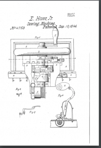 Howe's patent drawing for his lockstitch sewing machine.