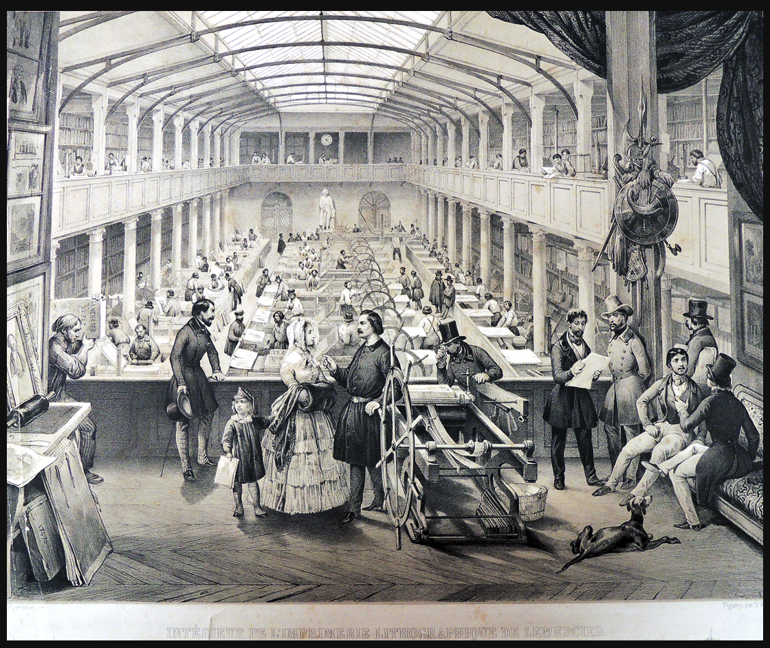 Interior of the lithographic printing house of Lemercier et Cie. Lemercier is the tall man wearing a dark belted smock speaking to a woman in the foreground.