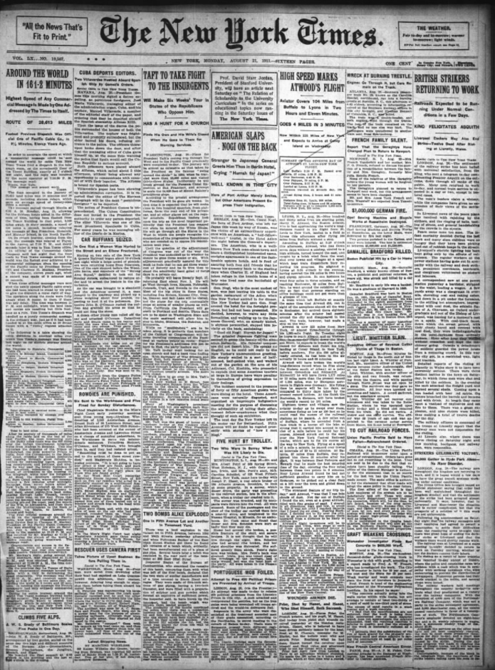 The New York Times reported the story in the left column of its front page on August 21, 1911 with the headline, "Around the World in 16 1/2 Minutes."