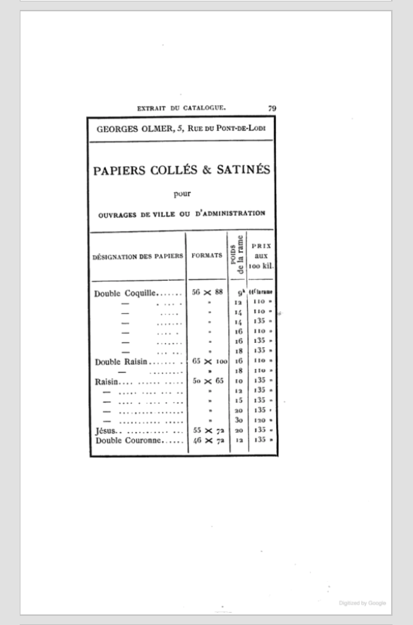 First page of Olmer's paper price list