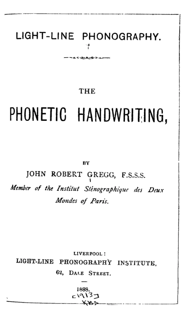 Title page of Light-Line Phonography by John Gregg, 1888.