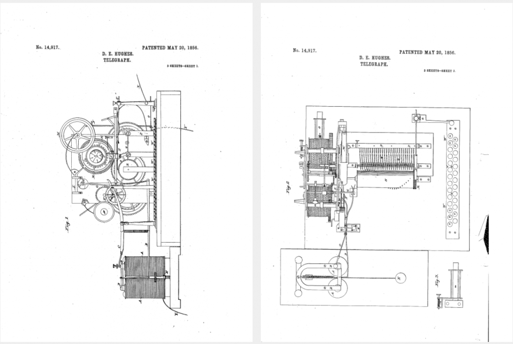 Images of Hughes' printing telegraph from his patent 14,917 for "Telegraph" patented May 20, 1856.