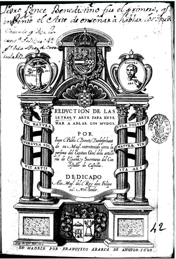 Title page of Juan Pablo Bonet's book on sign language for the deaf