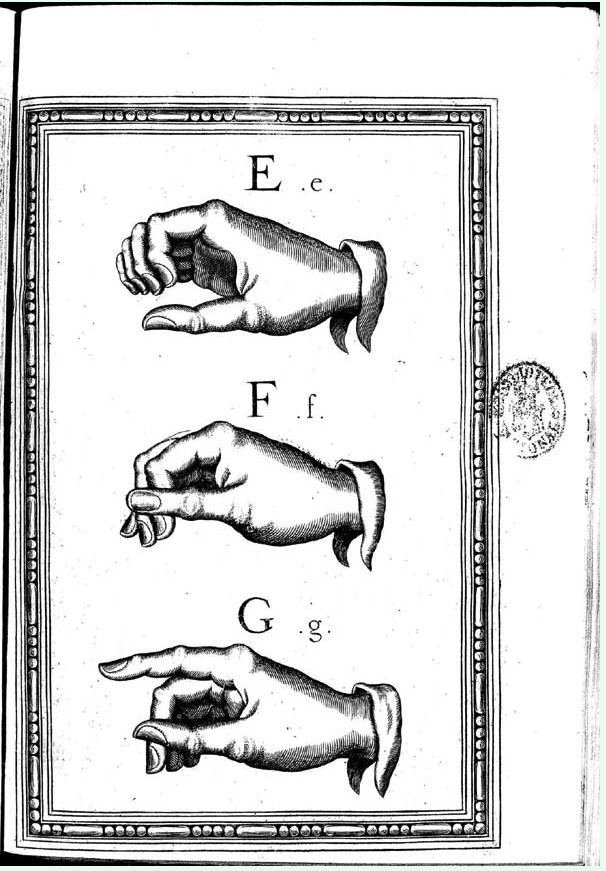hand signs for E, F, G from Juan Pablo Bonet's book