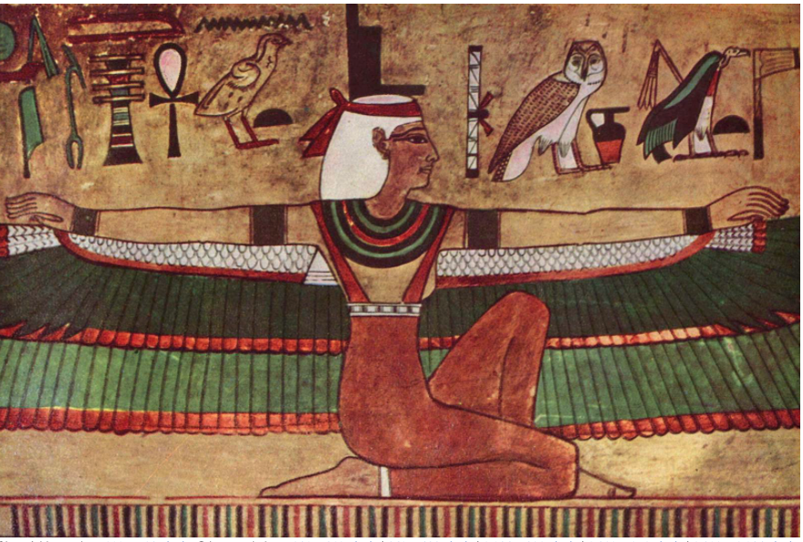 In this painting of Isis dating from 1360 BCE we see the hieroglyph for a closed papyrus roll directly to the right of the face of the goddess.