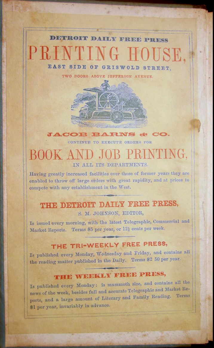 The Detroit Daily Free Press advertised its activities and printing facilities on this separate sheet pasted to the front pastedown endpaper of the volume.