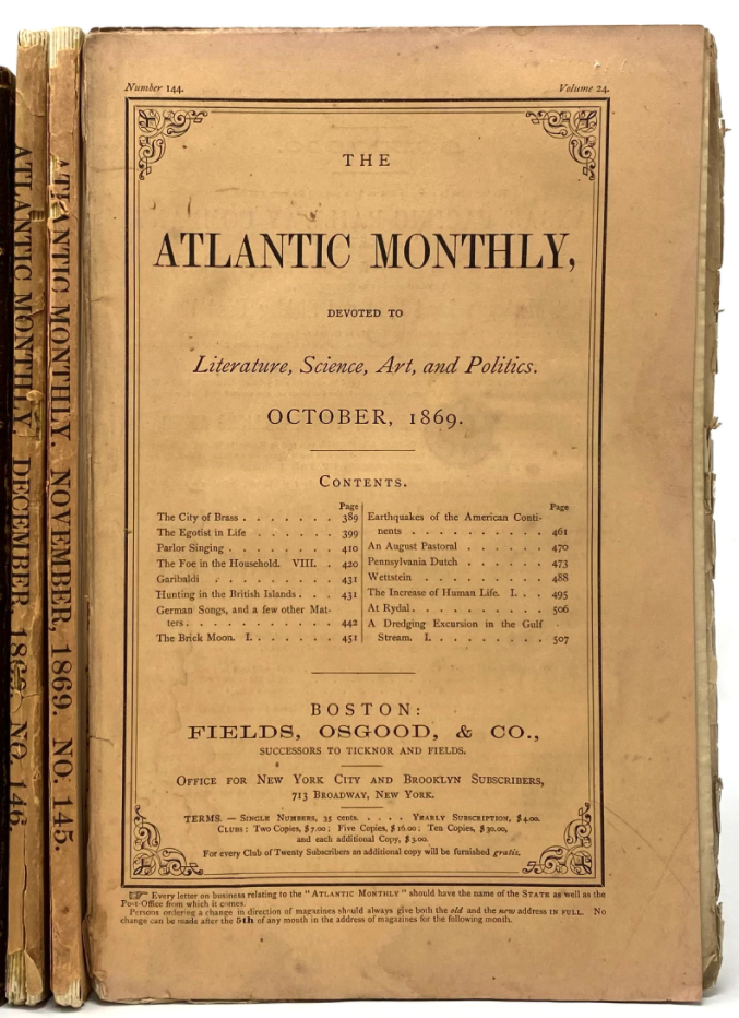Cover of the issue of The Atlantic Monthly containing the first part of Hale's "The Brick Moon."