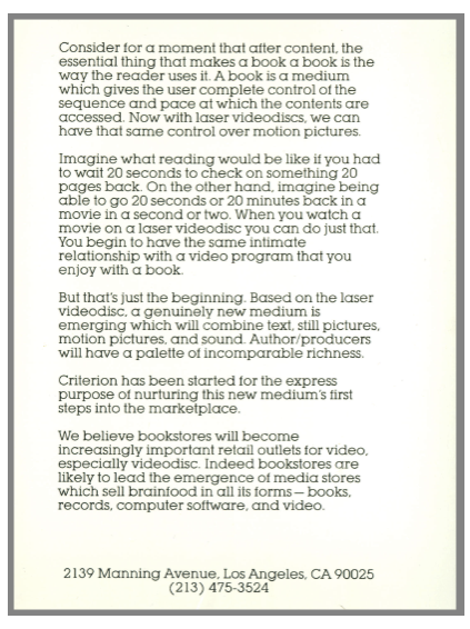 Text printed on the back of Criterion's announcement card (1984) From Bob Stein's archive at Stanford University.
