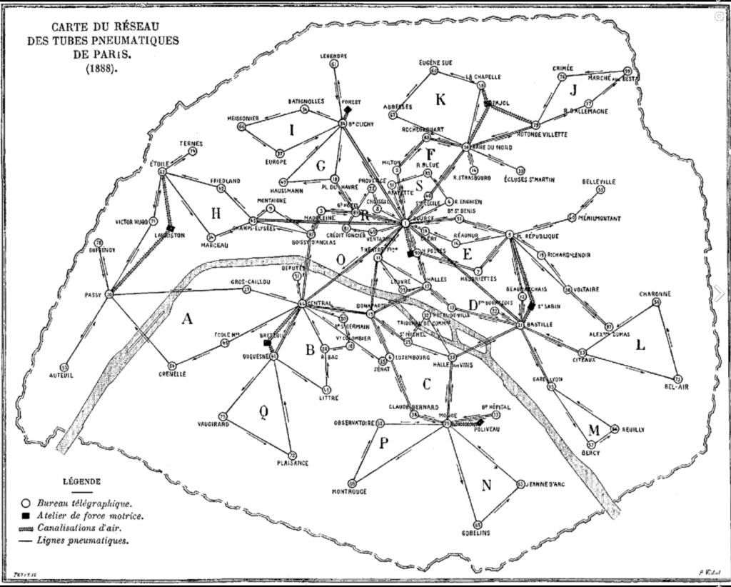 The Paris pneumatic tube system in 1888 showing all the stations, and the transmission directions that messages would flow through the tubes to reach their final destination.