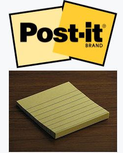 The Post-it logo and a small pad of the original lined yellow Post-it Notes.