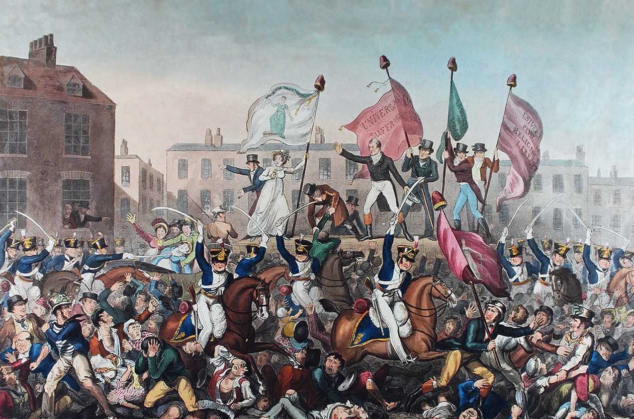  Manchester and Cheshire Yeomanry Cavalry, this plate is dedicated by their fellow labourer, Richard Carlile:[1] a coloured engraving that depicts the Peterloo Massacre 